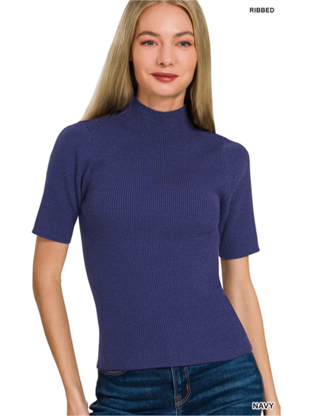 492 ❤️ navy SOFT STRETCHY VISCOSE MOCK RIBBED SWEATER